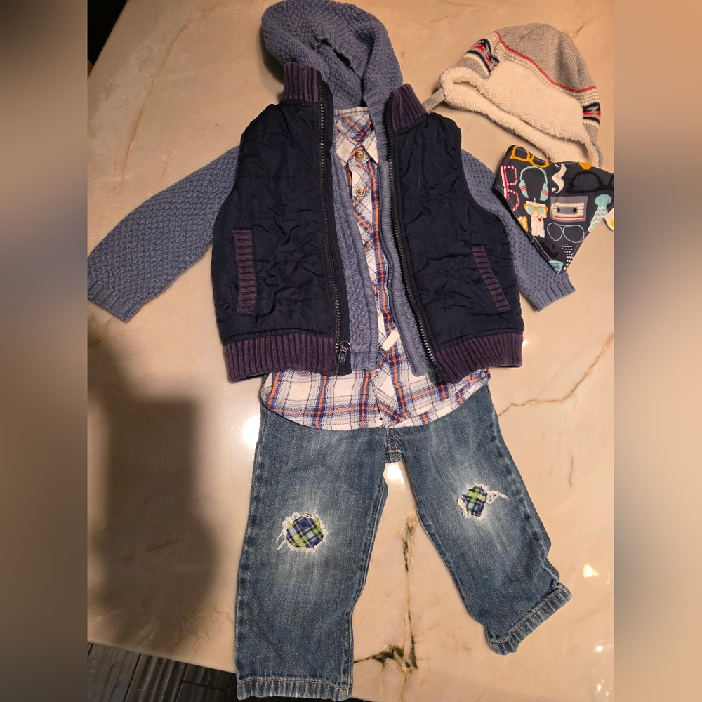 Gymboree Boys Mix & Match Outfit Hat Vest Jeans Sweater Shirt 18-24